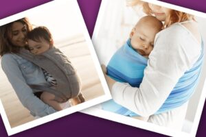 Tragetuch oder Babytrage: zwei Mütter mit unterschiedlichen Tragehilfen