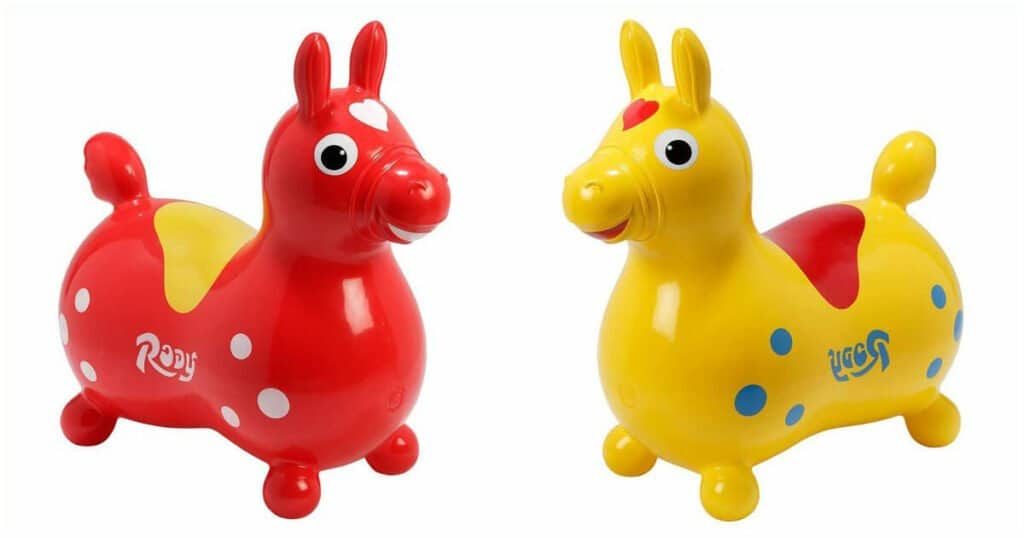 Hüpfpferd in rot, gelb oder blau als Geschenk für 2-Jährige