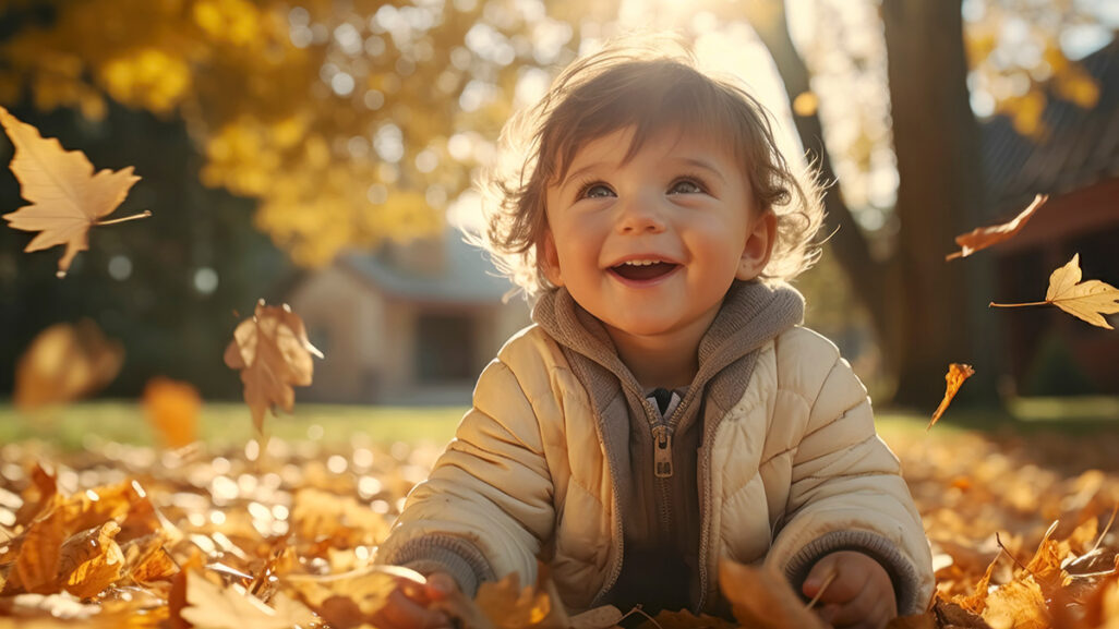 Baby spielt mit Blättern im Herbst