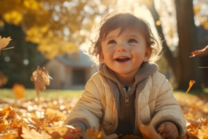 Baby spielt mit Blättern im Herbst