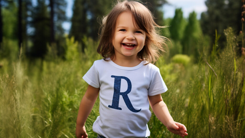 Mädchen im Frühling, das ein T-Shirt mit einem großen R trägt
